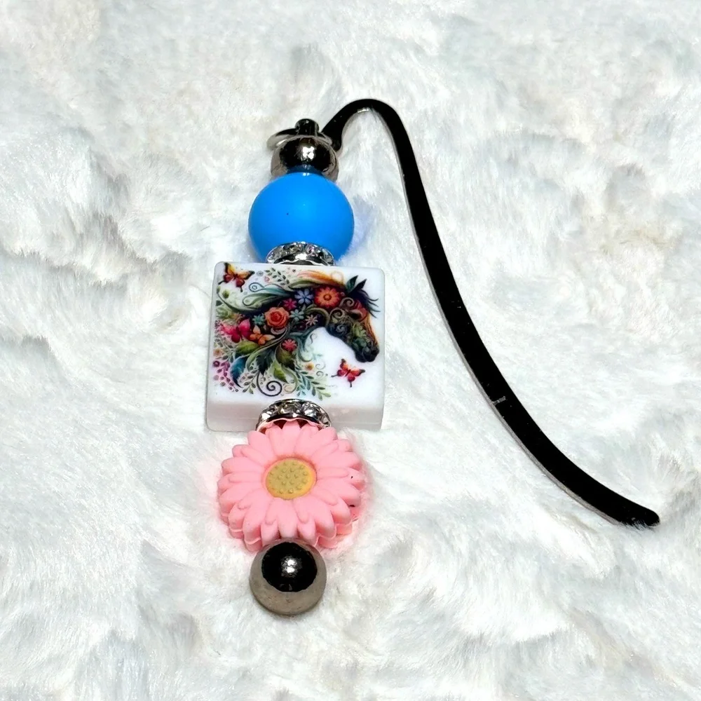 Pink & blue Beaded Bookmark, Horse with flowers and rhinestones